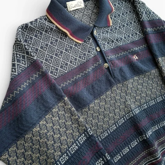 VTG Arnold Palmer Men’s Medium Knit Polo Sweater Navy Geometric Grandpa Core - Picture 4 of 9